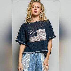 #1423 POL Vintage Americana Star Patch Knit Top (Navy)